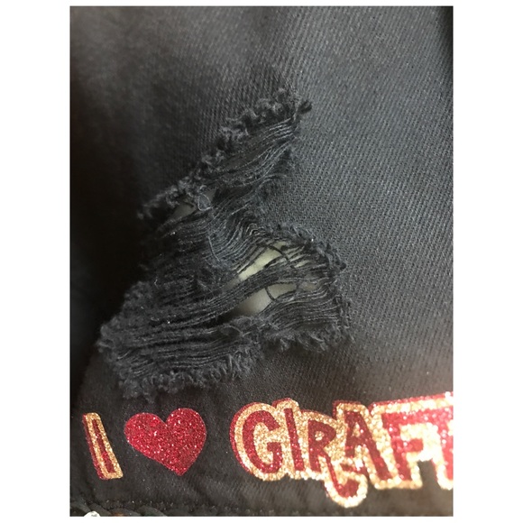 I Love Giraffes Black Denim Oversize Distressed Jacket - Picture 8 of 11